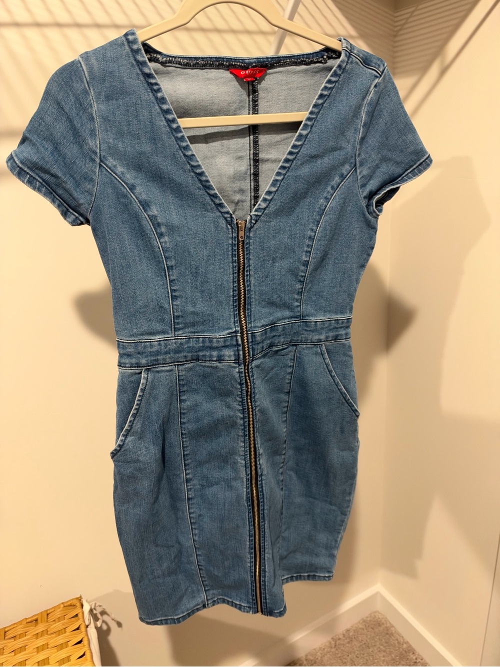 Guess Denim Zip-Front Short Sleeve Dress